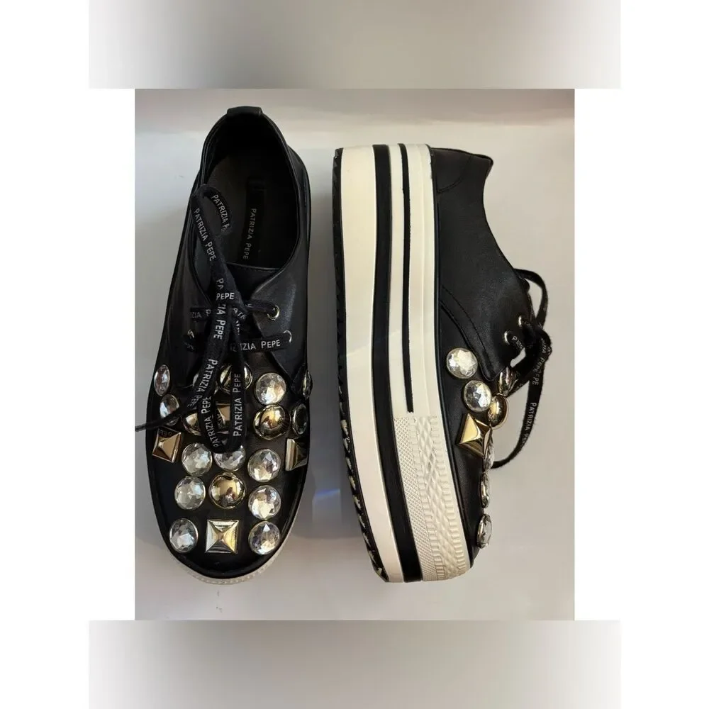 Patrizia Pepe Black Crystal & Gold-Stud Platform Sneakers Size 38